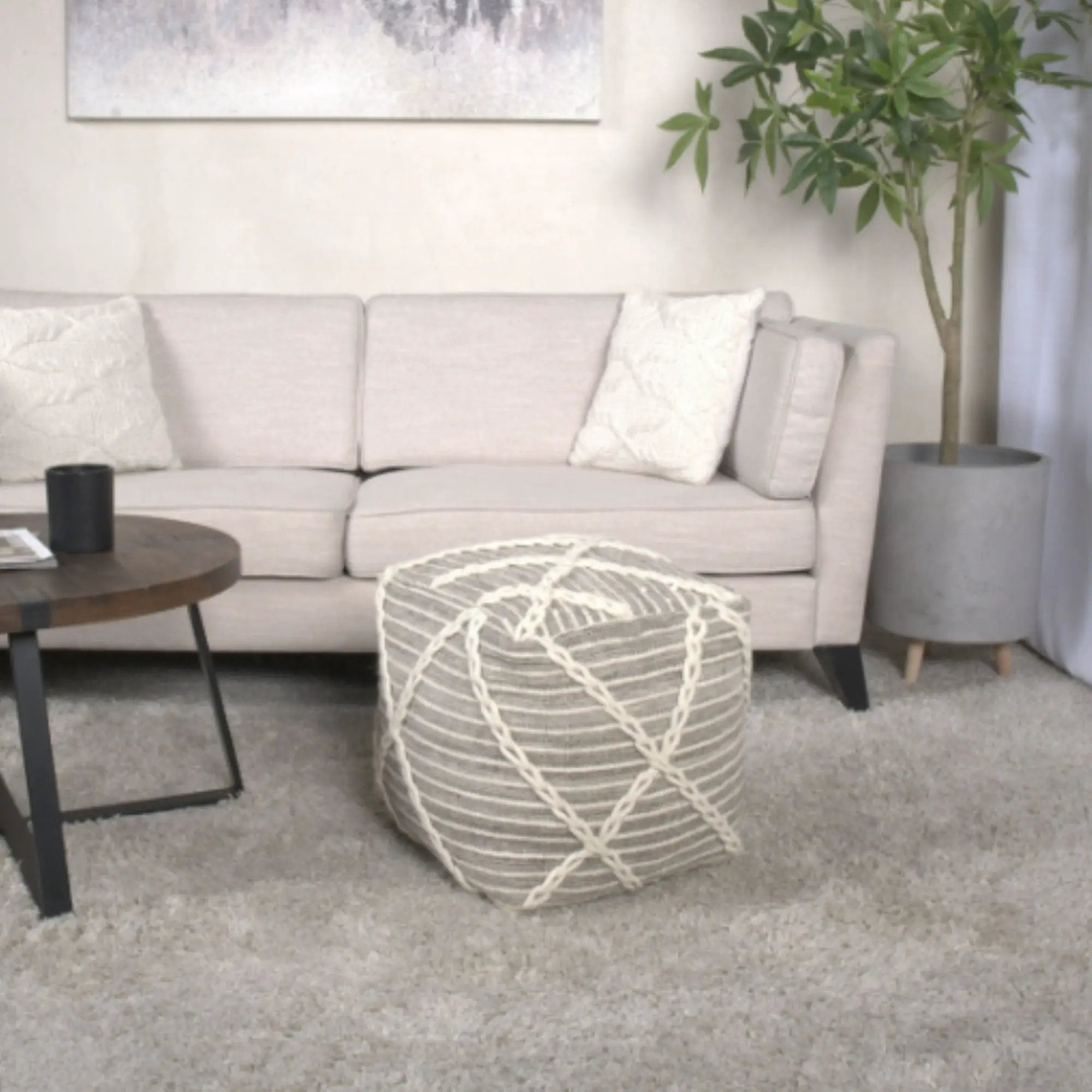 Modern Wool Rope Square Pouf Ottoman Floor Cushion - Gray / Ivory by Unique Piece Furniture