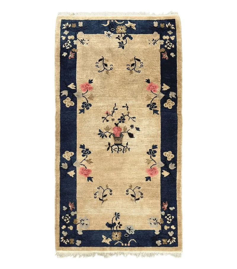 Antique Chinese Peking Rug 3x6, Beige and Dark Blue Hand Knotted Handmade Asian Oriental Carpet, Floral Vases, Vintage Wool Art Deco Rug by Jewel Rugs