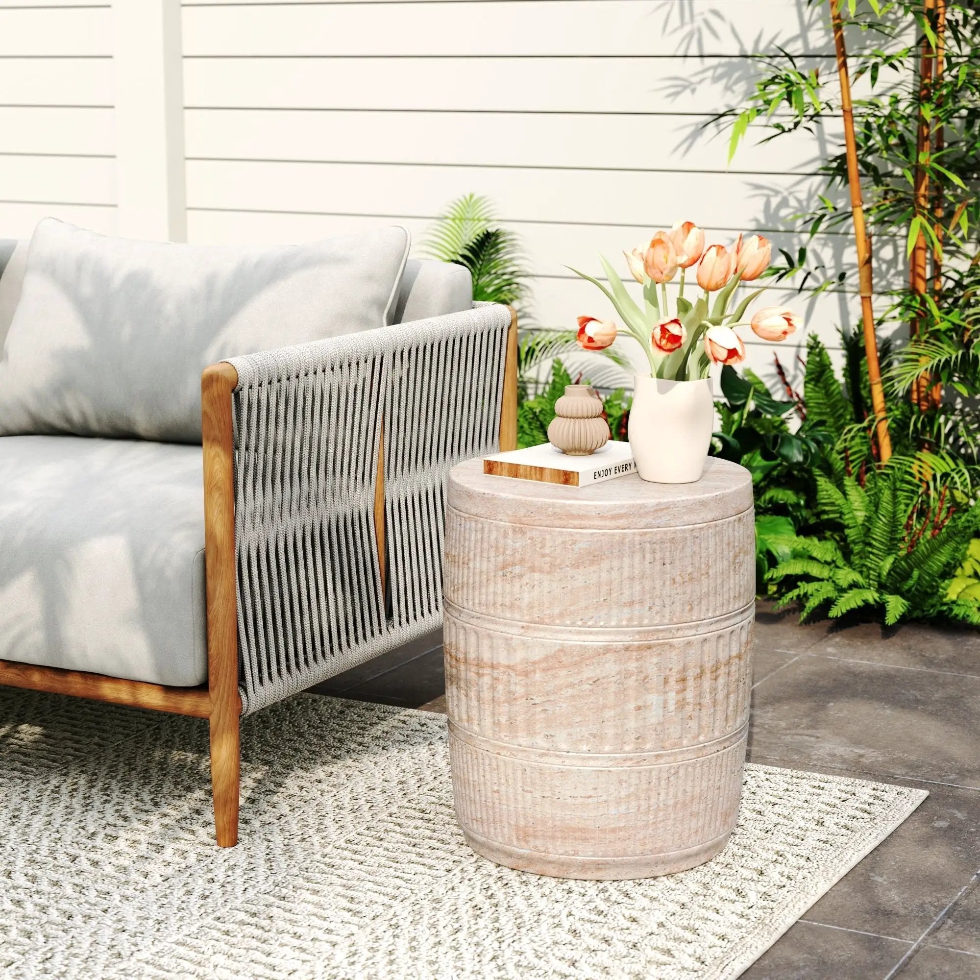 Stylish Outdoor / Indoor Lightweight Concrete Side Table With Travertine - Beige by HouseOfZazla