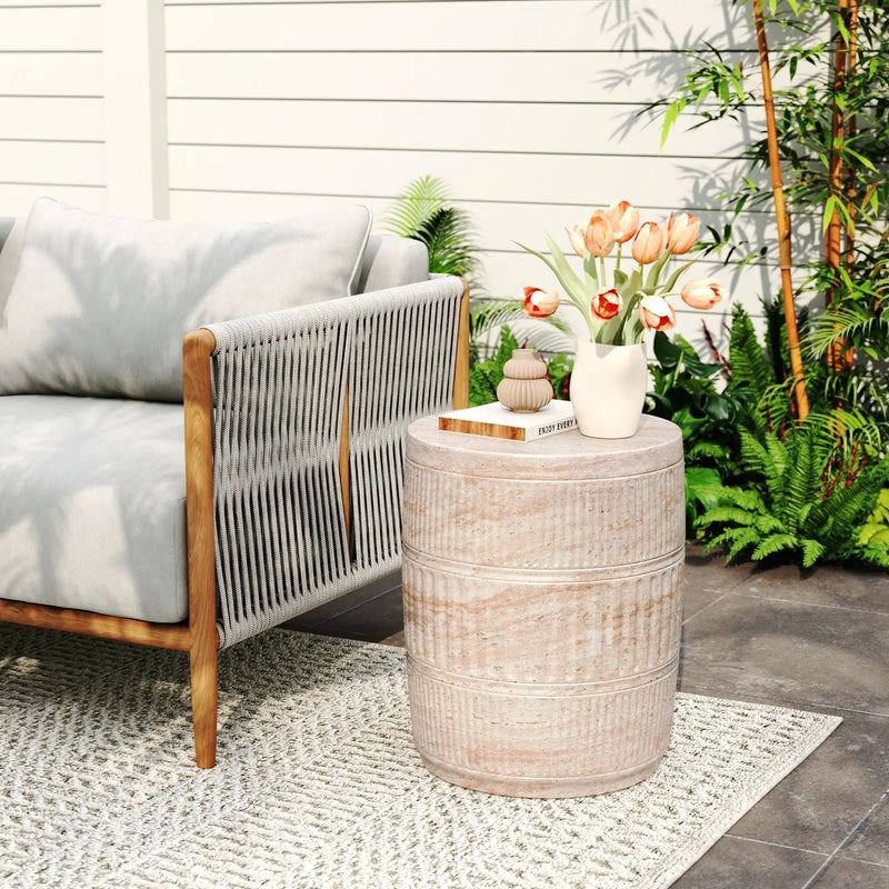 Stylish Outdoor / Indoor Lightweight Concrete Side Table With Travertine - Beige by HouseOfZazla