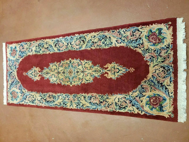 Small Persian Kirman Rug 2x4, Wool Oriental Vintage Handmade Carpet, Hand Knotted Floral Medallion, Red & Beige, Semi Open Field by Jewel Rugs