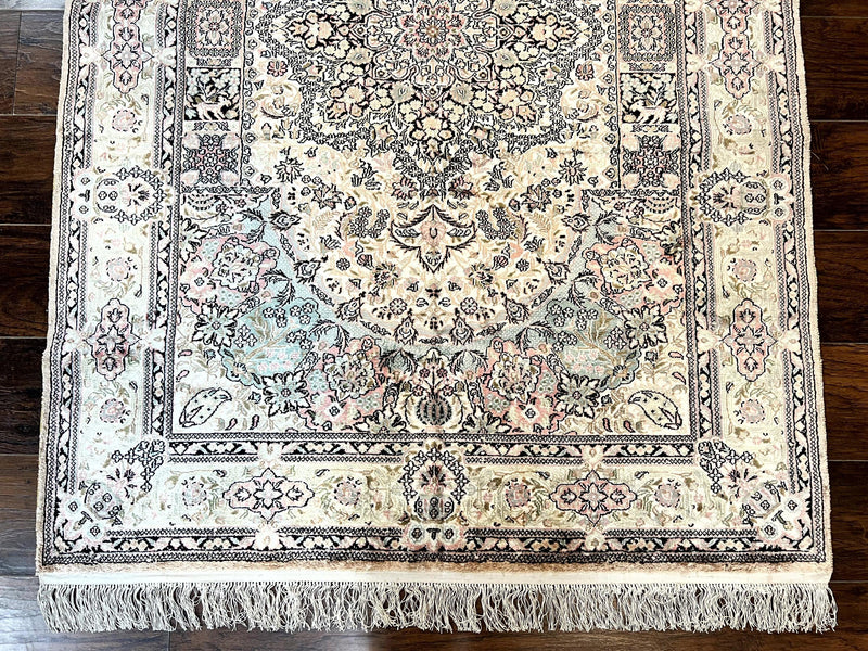 Silk Indian Kashmiri Rug 4x6, Handmade, Ivory, Fine 240 KPSI by Jewel Rugs