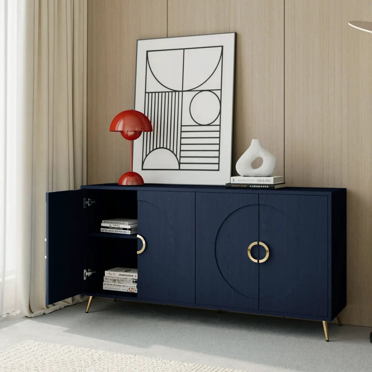 Modern Lacquered 4 Door Wooden Cabinet Sideboard Buffet Server Cabinet Storage Cabinet, For Living Room, Entryway, Hallway, Office, Kitchen And Dining Room by HouseOfZazla