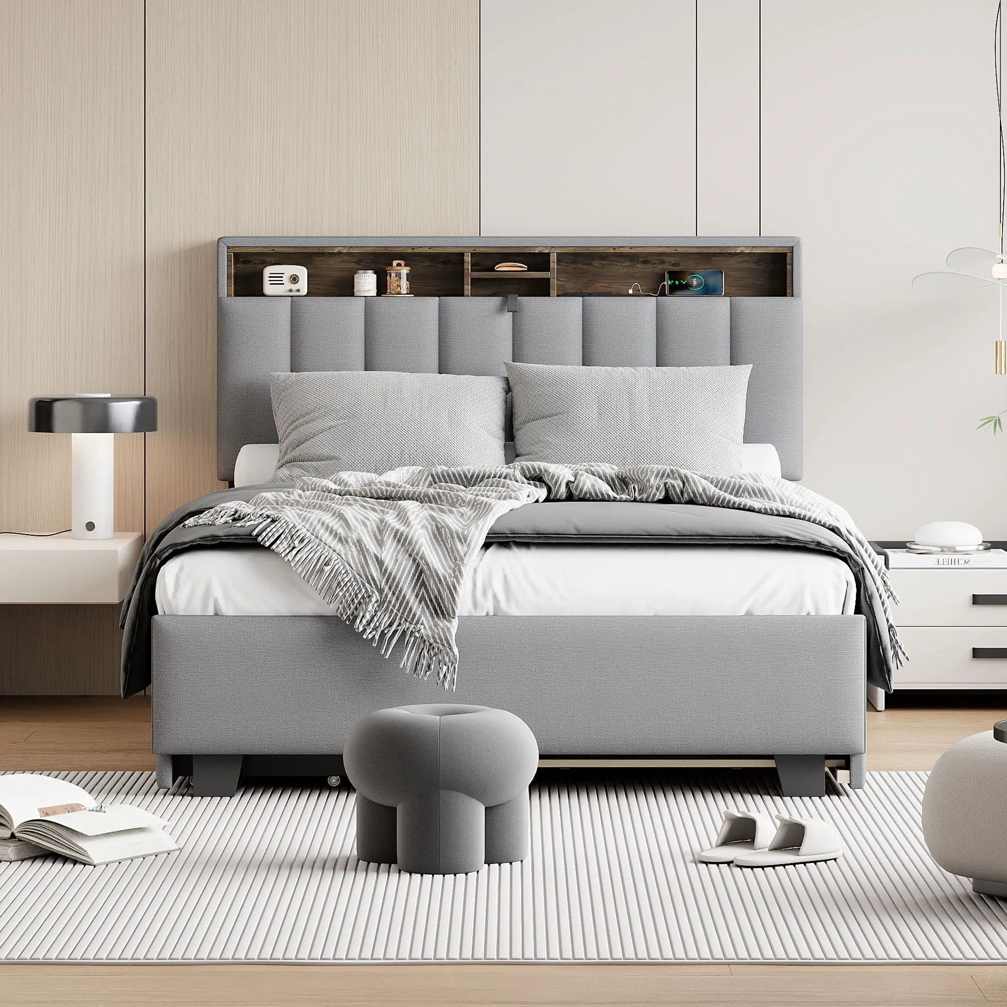 Upholstered Platform Bed With Storage Headboard, Trundle & 2 Drawers And A Set Of Sockets & USB Ports by HouseOfZazla