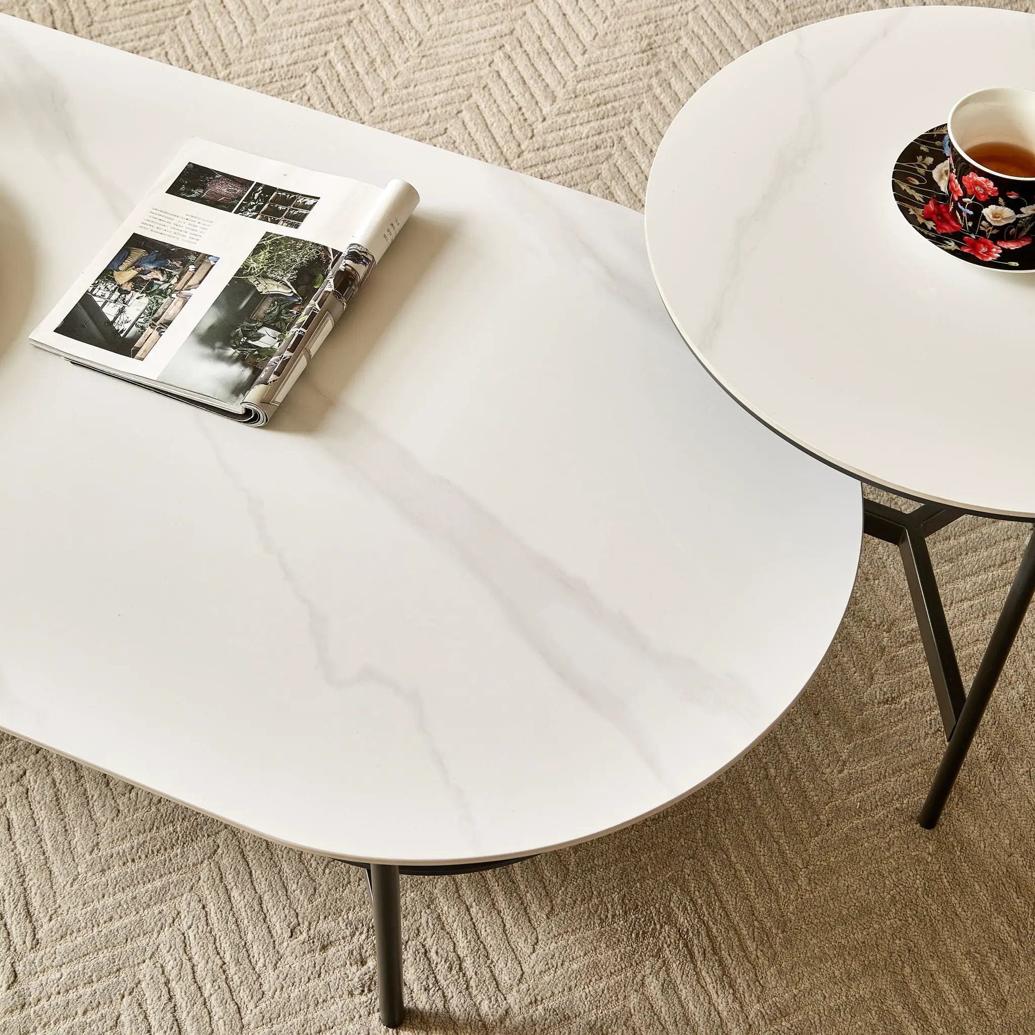 Contemporary Coffee Table Sintered Stone Surface With Ceramic Finish Double Layer Design Base Matte Shelf Modern Living Room Center Table - White / Gray by HouseOfZazla