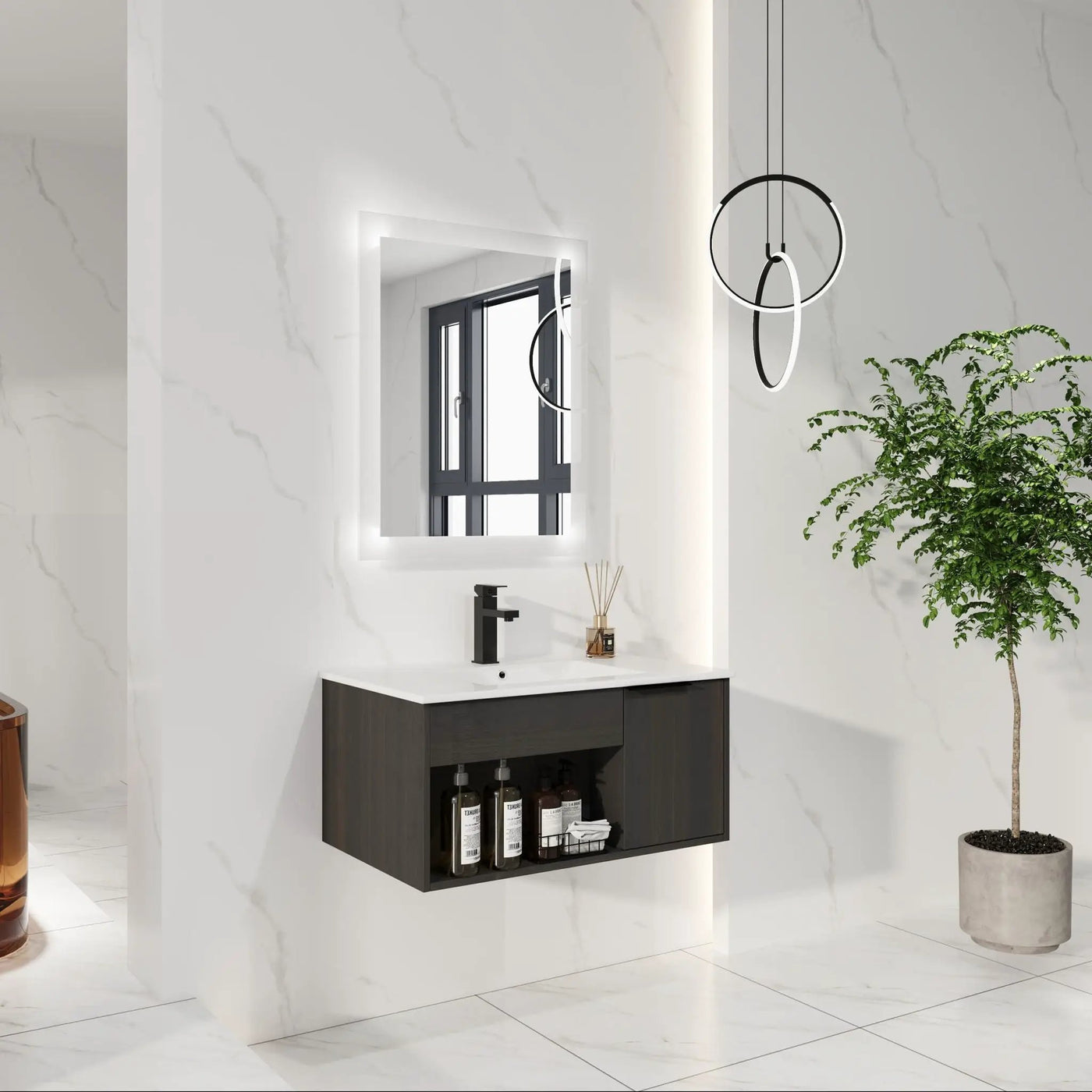 Wall Mounted Floating Bathroom Vanity With Open Shelf & Soft Close Door by HouseOfZazla