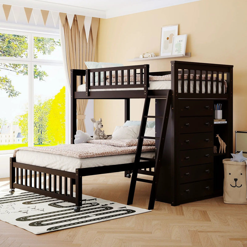 Bunk Bed With 6 Drawers And Flexible Shelves, Bottom Bed With Wheels by Unique Piece Furniture