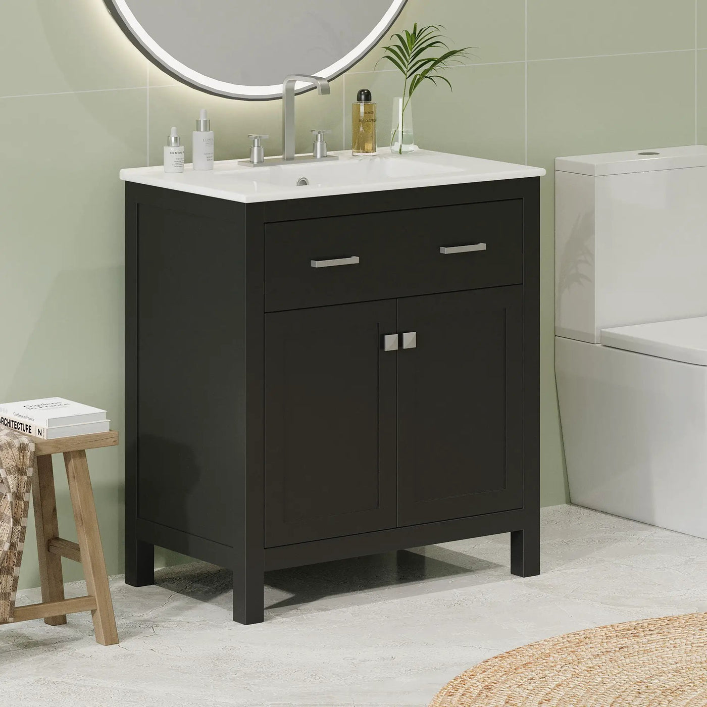 Bathroom Vanity With Ceramic Sink, Modern Single Bathroom Cabinet With 2 Doors And A Shelf, Soft Close Doors by Unique Piece Furniture