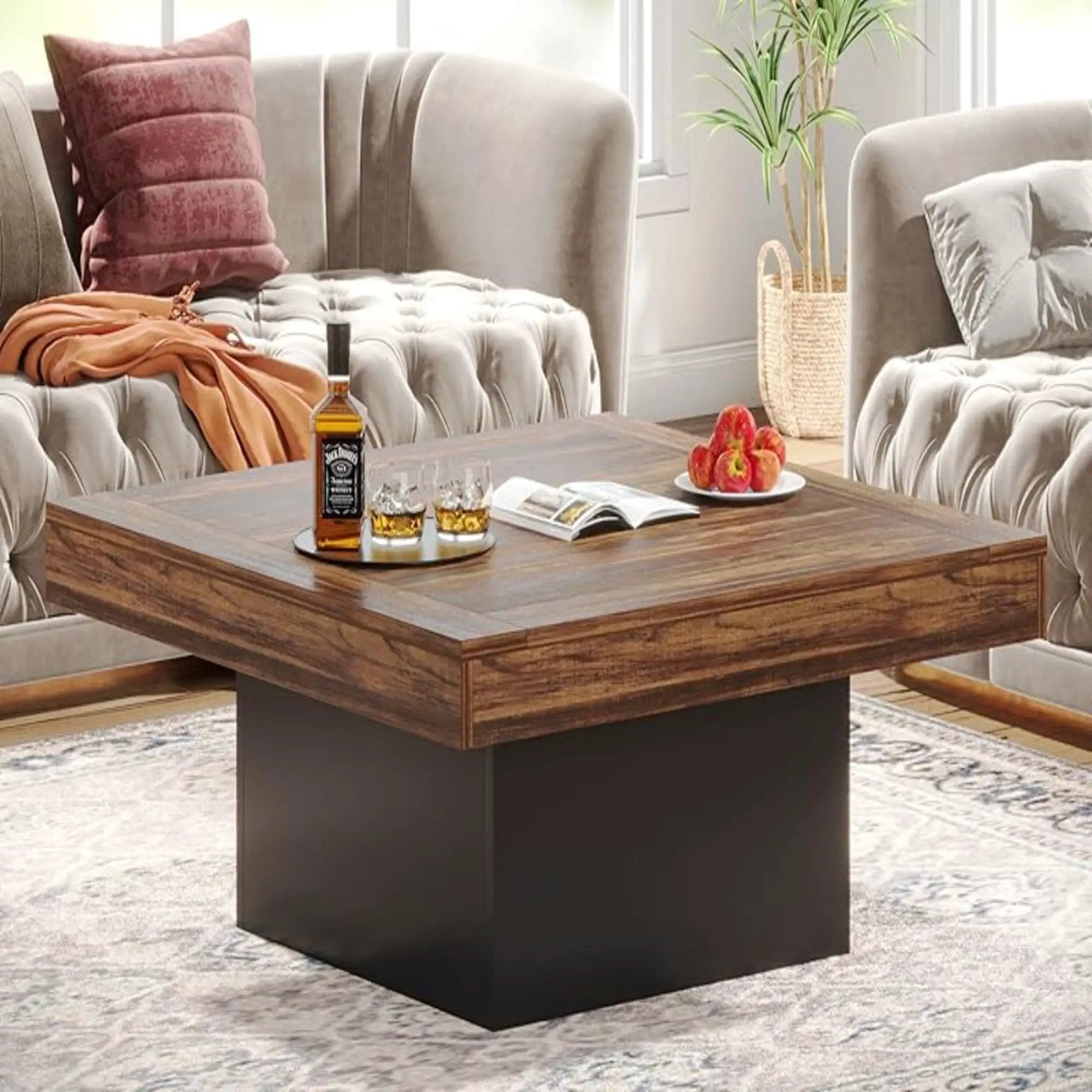 LED Coffee Table With Base, Center Table For Living Room - Rustic Brown by HouseOfZazla