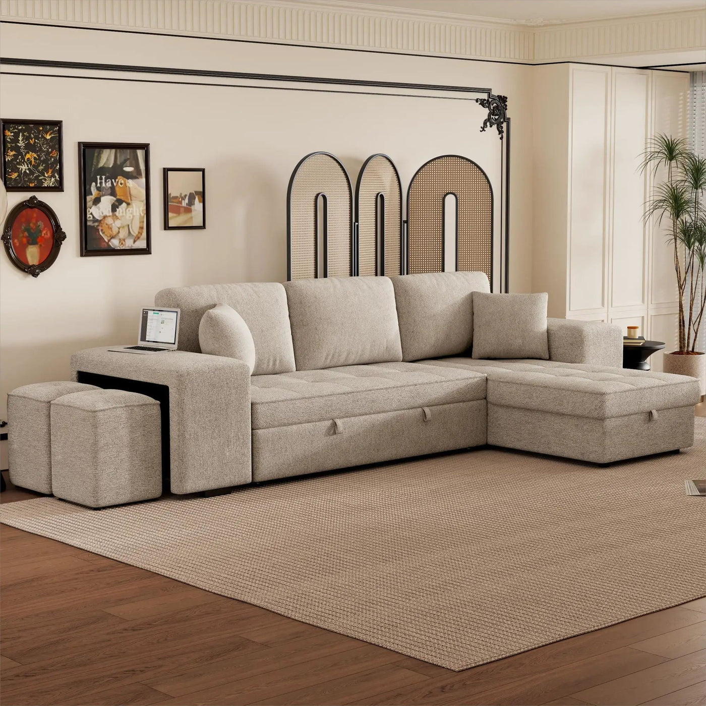 Modern L-Shape 3 Seat Reversible Sectional Couch, Pull Out Sleeper Sofa With Storage Chaise And 2 Stools For Living Room Furniture Set by Unique Piece Furniture