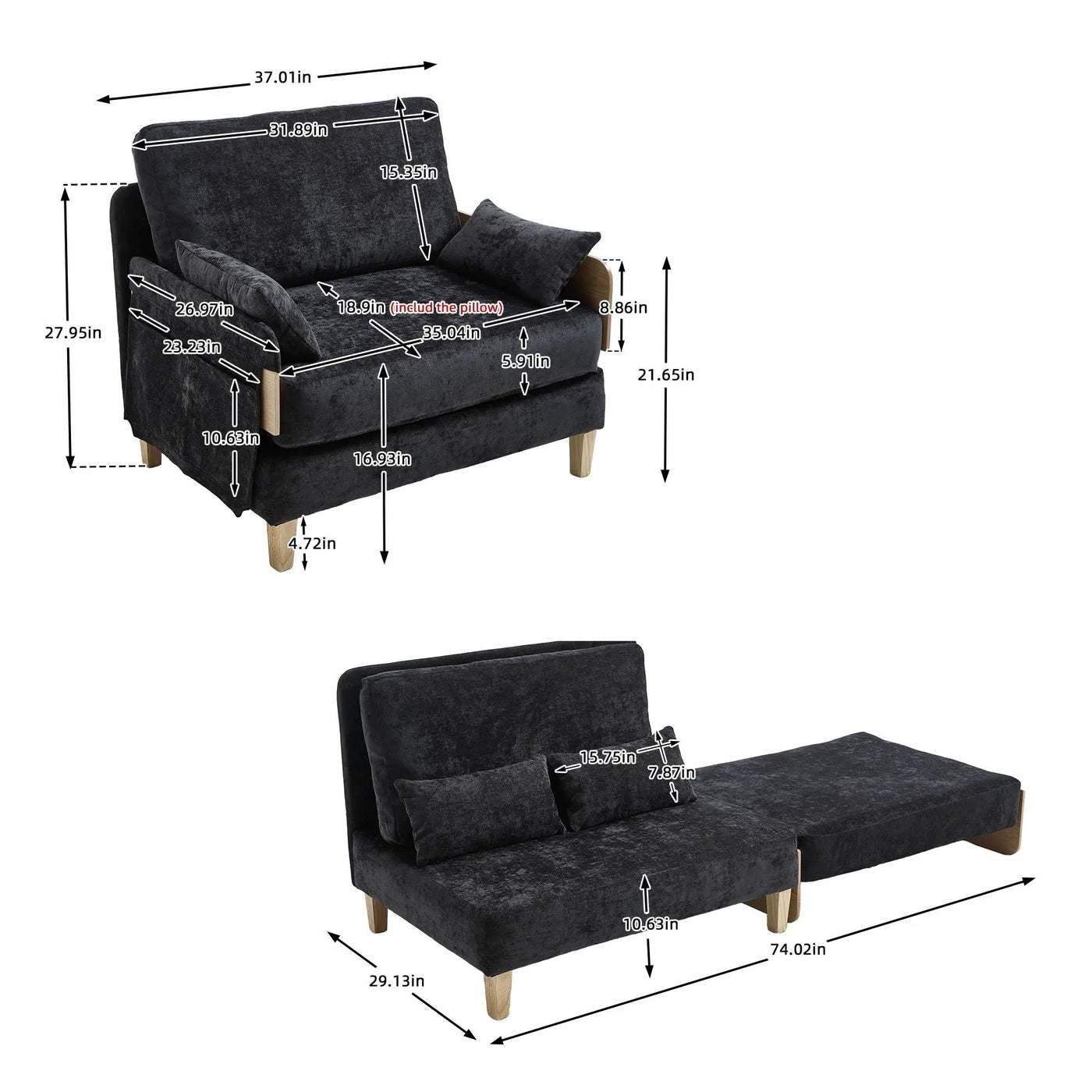 Mid Century Modern Foldable Sofa Bed, 3 In 1 Convertible Sleeper With 3 Pillows by Unique Piece Furniture