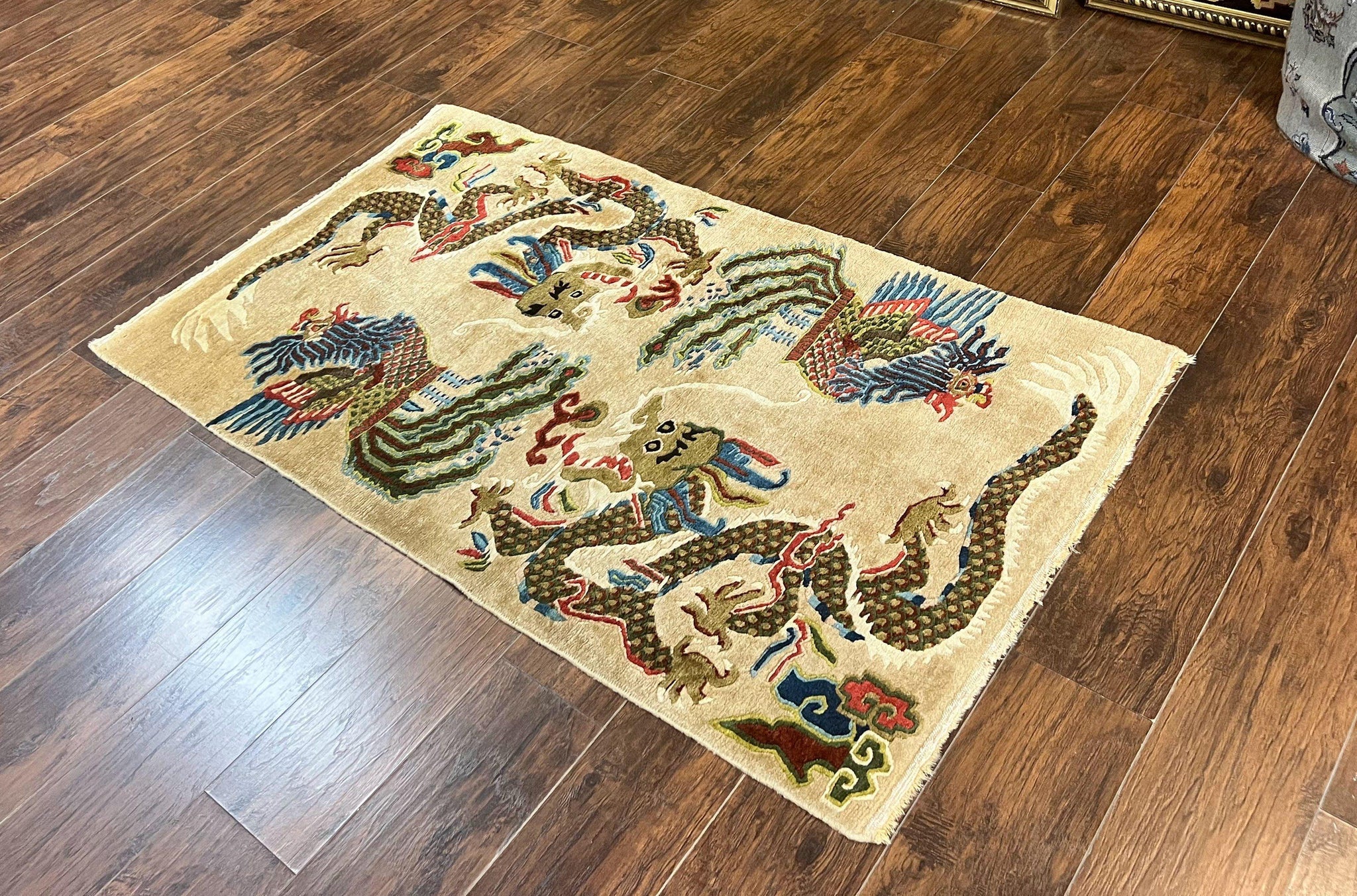 Antique Chinese Peking Rug 3 x 5.6, Dragon Motifs, Handmade Wool Asian Oriental Carpet by Jewel Rugs