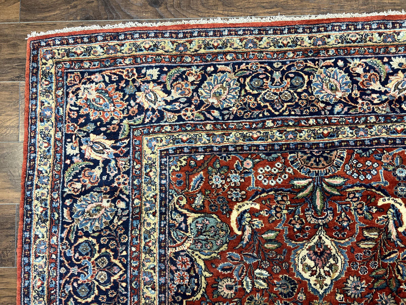 Persian Sarouk Rug 9x12, Red and Dark Blue Floral Allover Antique Persian Carpet, Handmade Wool Qazvin Rug by Jewel Rugs