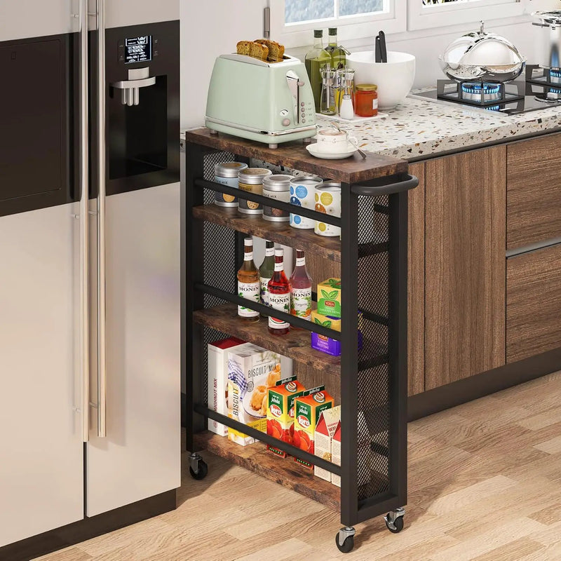Slim 4 Tier Rolling Utility Cart With Wheels, Narrow Kitchen Storage Trolley - Brown / Black by HouseOfZazla