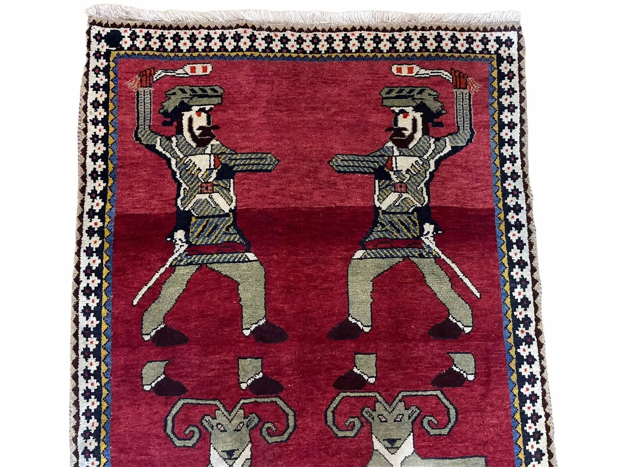3 X 6 Handmade Wool Rug Tribal Balouch Warriors Deer Animal Pictorial Red Swords by Jewel Rugs