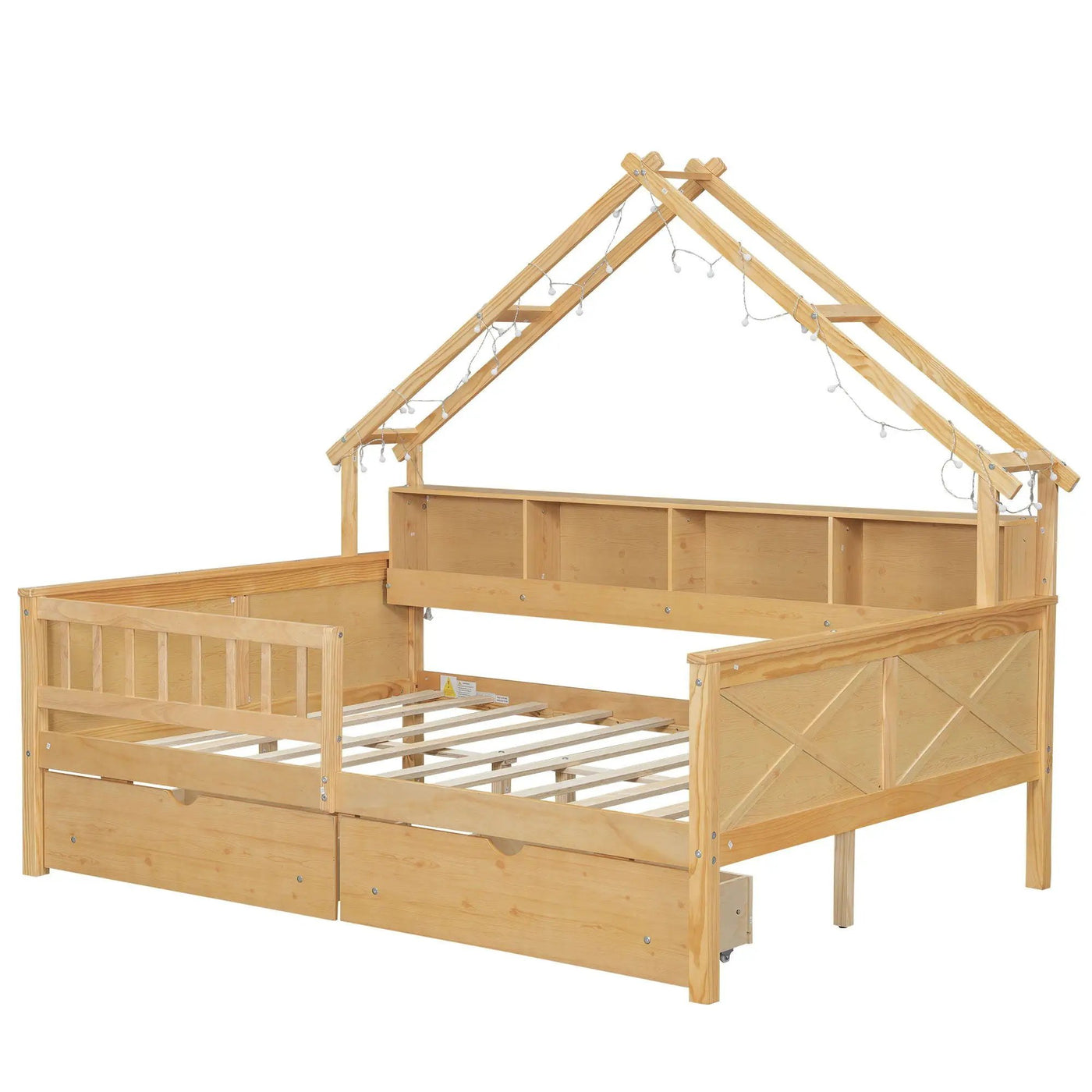 House Style Platform Bed With LED Lights, Storage Shelves, Drawers, And Guardrail by HouseOfZazla