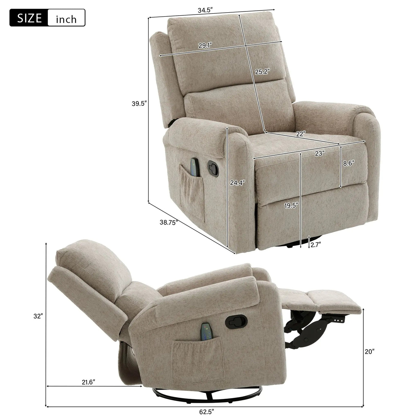 Manual Recliner Massage Chair With Swivel Rocker, 8 Massage Modes, Side Storage Pocket by HouseOfZazla