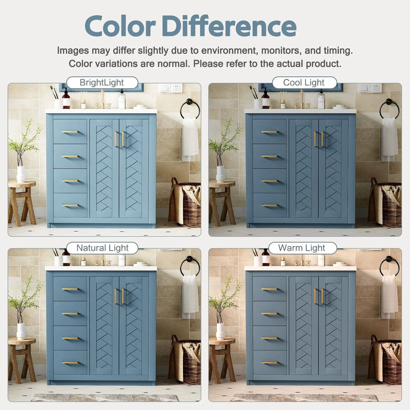 Ceramic Sink Combo, Freestanding Vanity Set With 3 Drawers & Soft Closing Doors