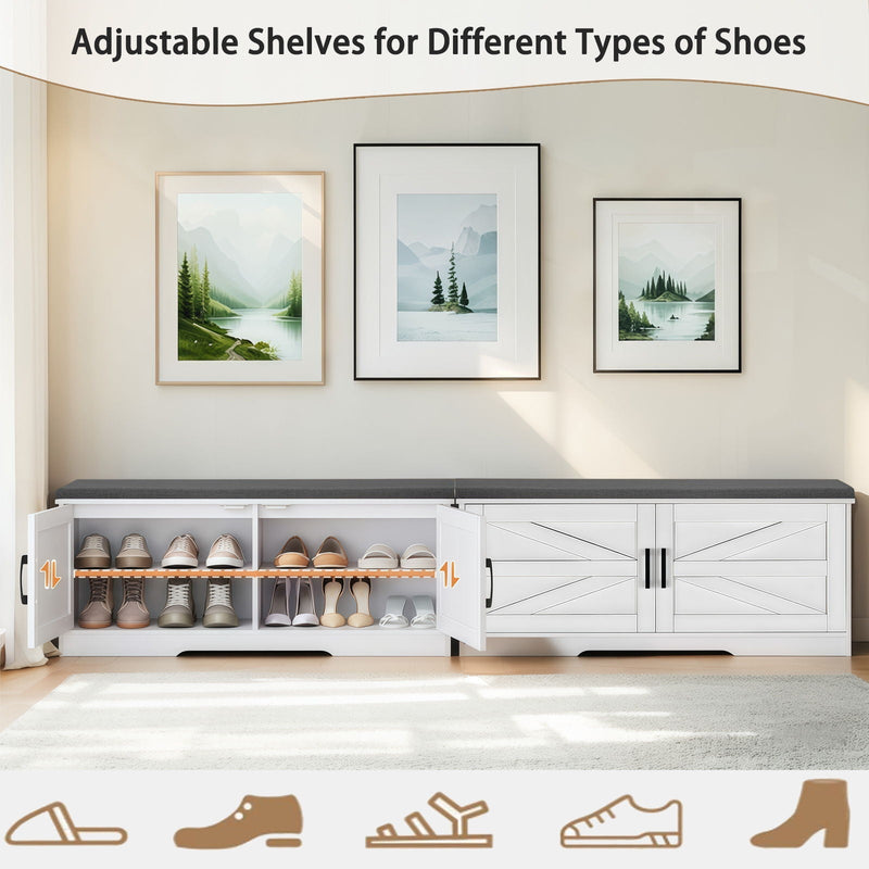 2 Tier Shoe Bench with Padded Seat and Adjustable Shelves - White, photo 3 of 4