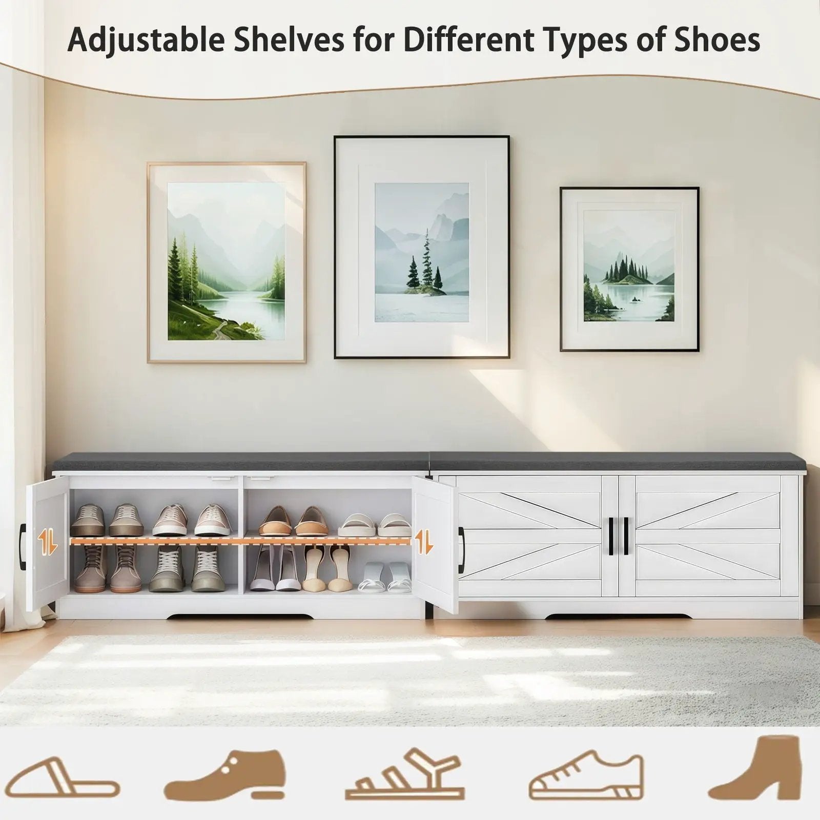 2 Tier Shoe Bench With Padded Seat, 2 Barn Doors And Adjustable Shelves, For Entryway And Living Room - White by HouseOfZazla