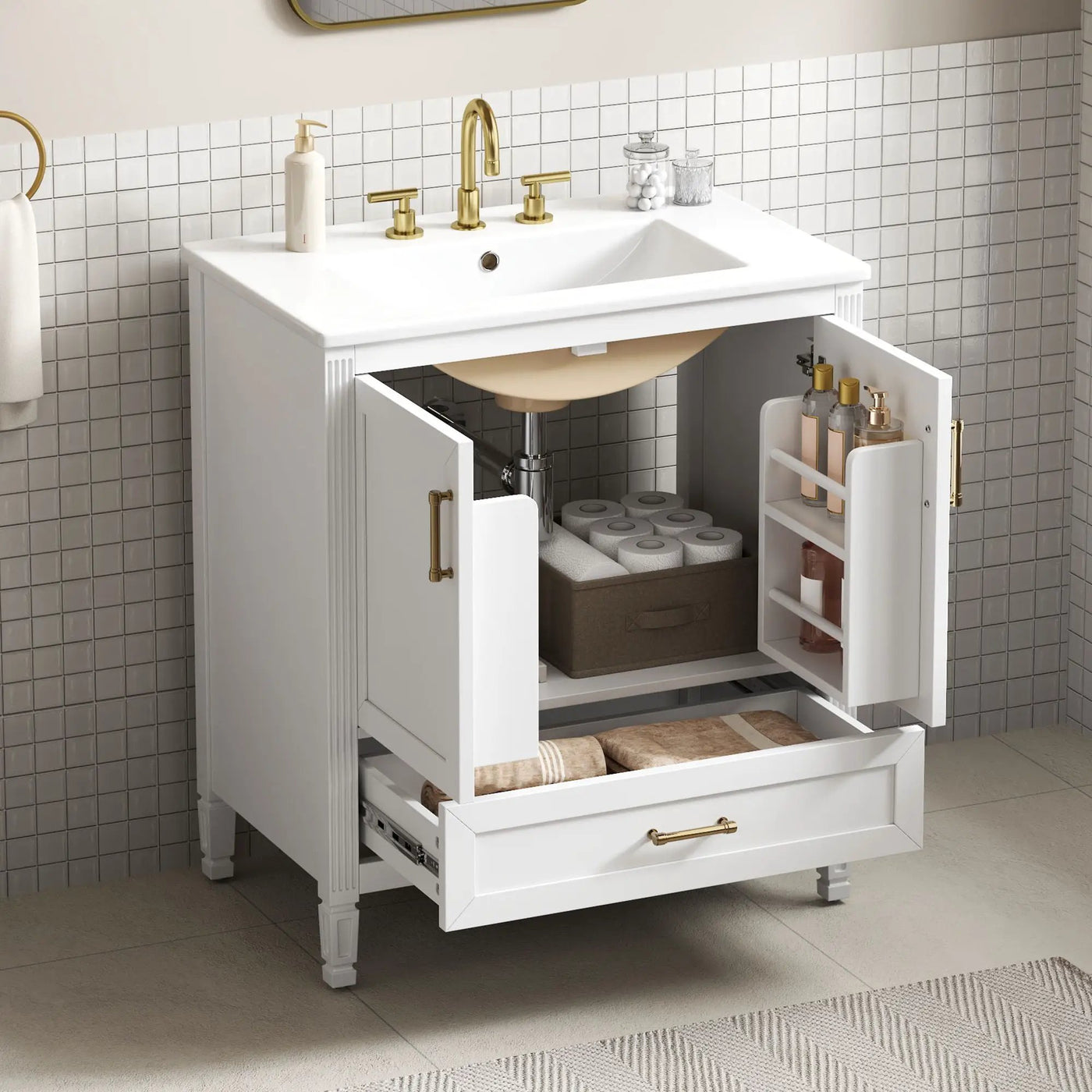 Elegant Fluted Bathroom Vanity With Sink, Soft Close Doors & Drawer by HouseOfZazla