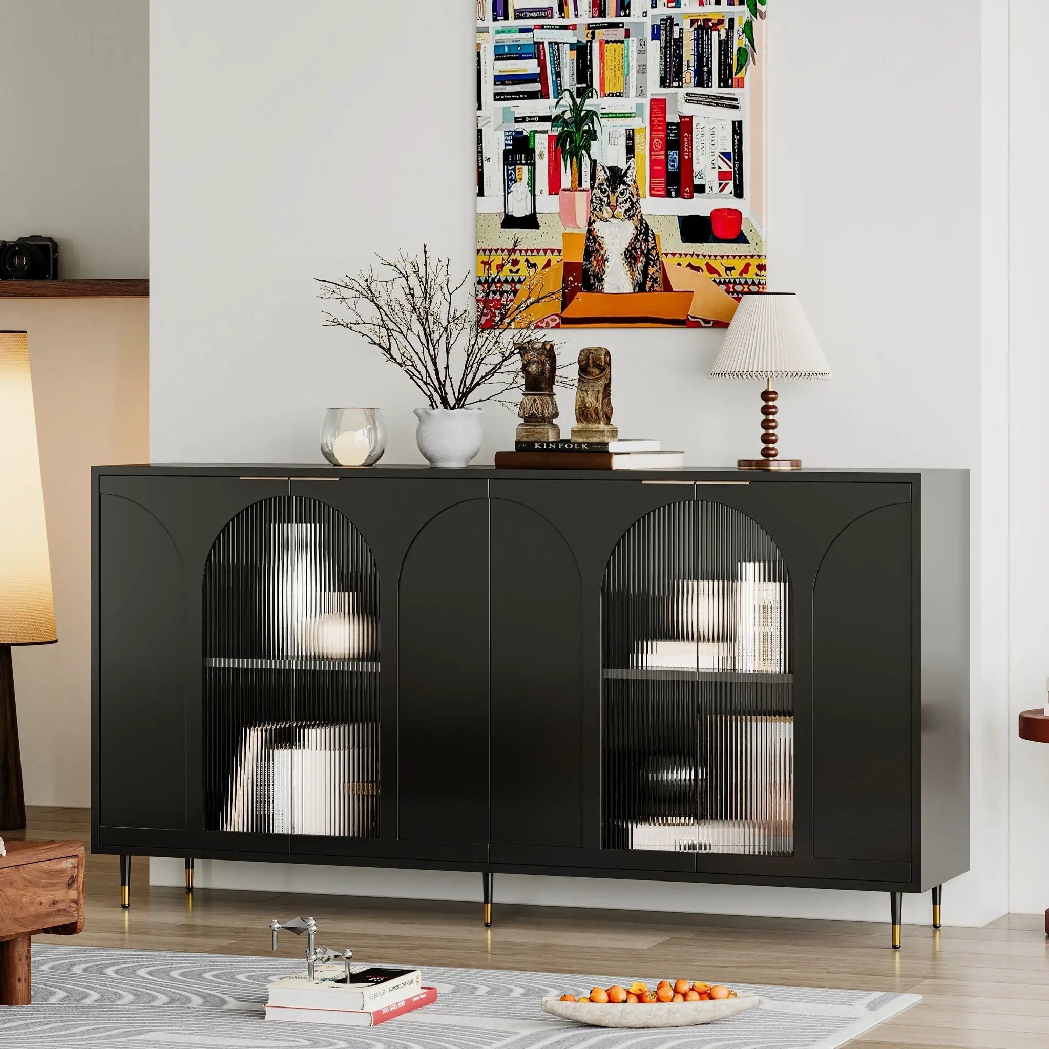 Accent Cabinet Lacquered Wooden Cabinet With 4 Glass Doors Sideboard Buffet Server Cabinet Storage Cabinet, For Living Room, Entryway, Hallway, Office, Kitchen And Dining Room by Unique Piece Furniture