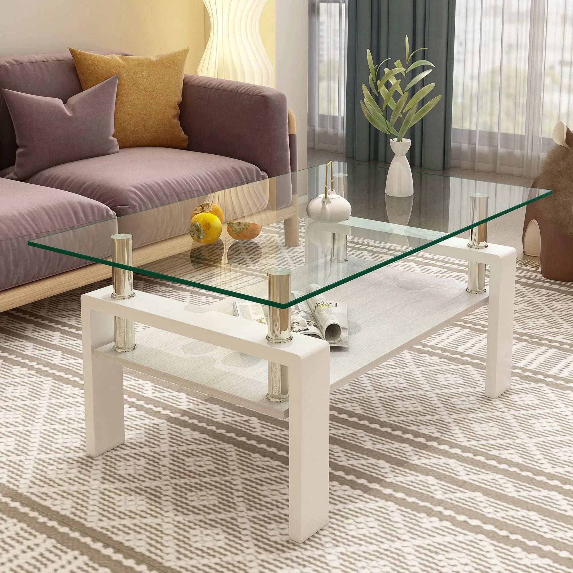 Modern Rectangular Coffee Table With Tempered Transparent Glass Top And Storage Shelf by Unique Piece Furniture