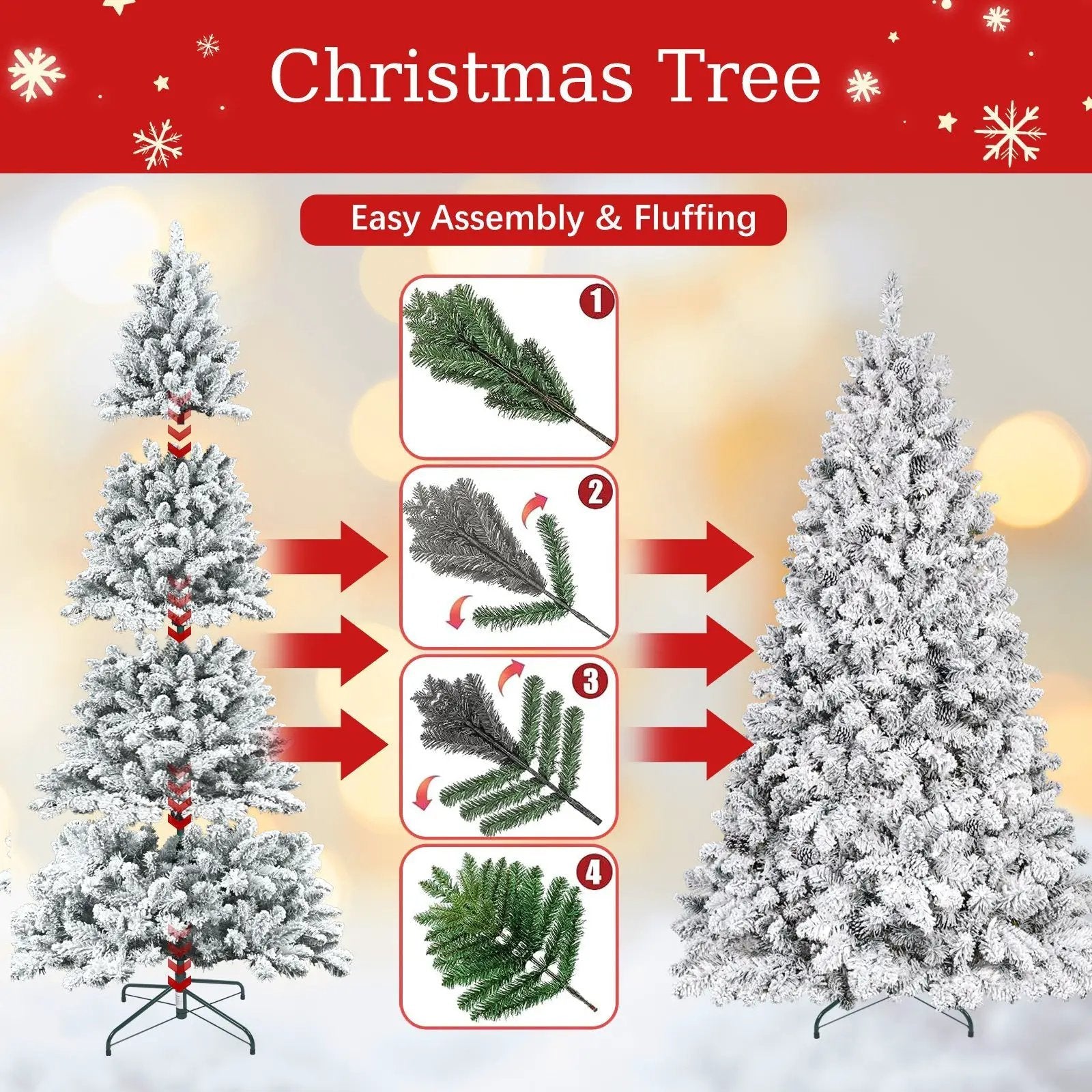 4FT Flocked Christmas Tree with Pine Cones and Snowy PVC Design by HouseOfZazla