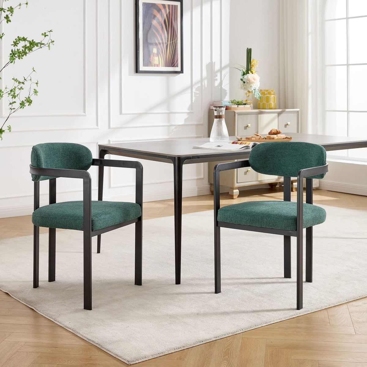 Dining Arm Chairs Set of 2 with Fabric Upholstery and Metal Legs - Green, Orange, or Beige, photo 6 of 12
