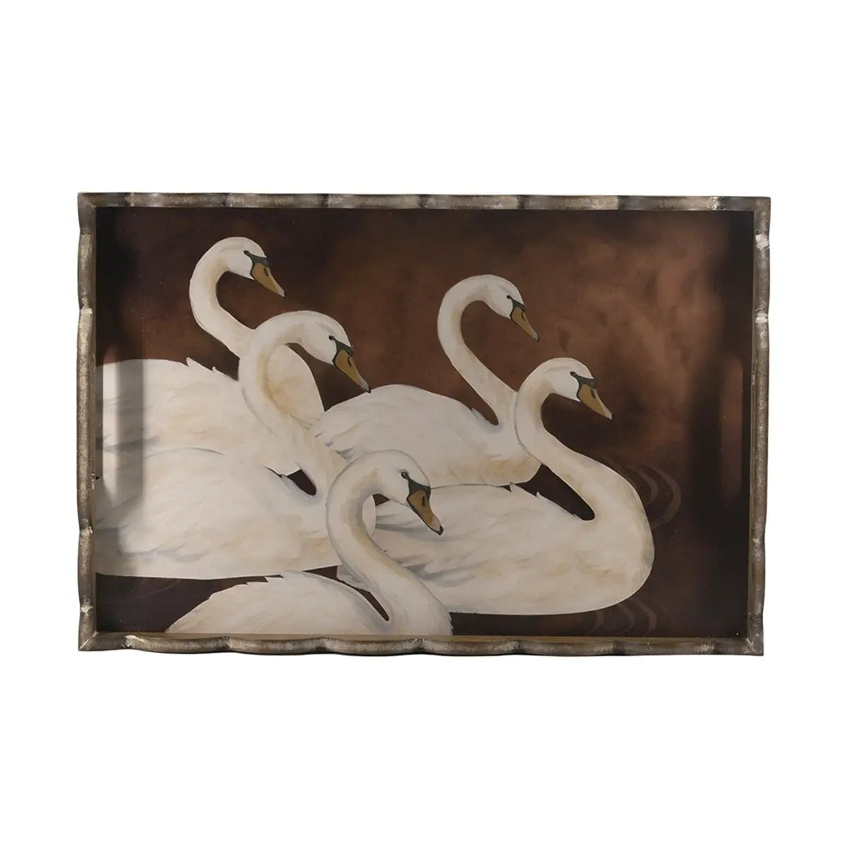 23.5x15.5x24 Brown MDF Tray Table with White Swan Motif and Iron Base by HouseOfZazla