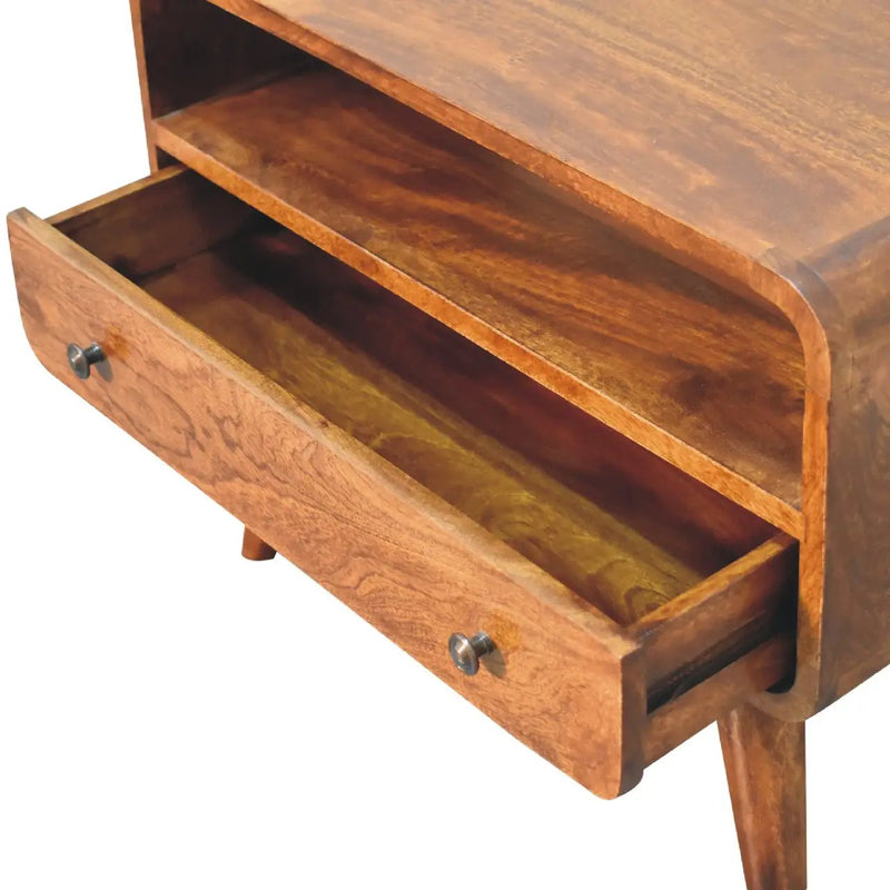 Solid Wood Mini Curved Media Unit, Chestnut, 1-Drawer, 1 Open Slot by HouseOfZazla