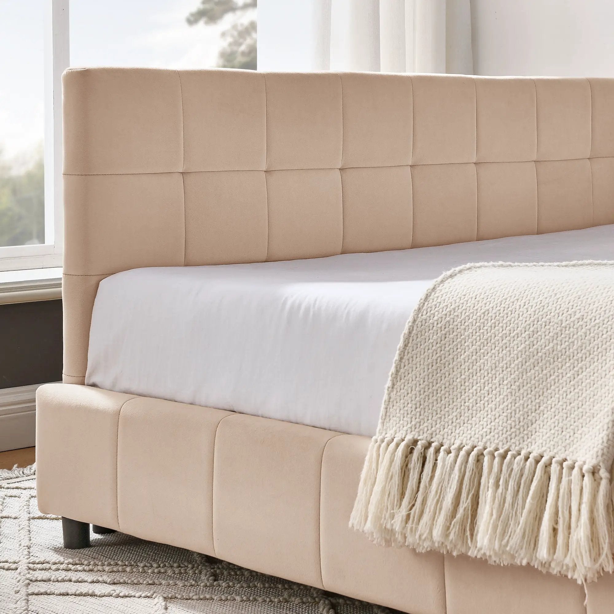 Mid-Century Storage Upholstered Tufted Bed Frame With Backrest And Armrests by Unique Piece Furniture