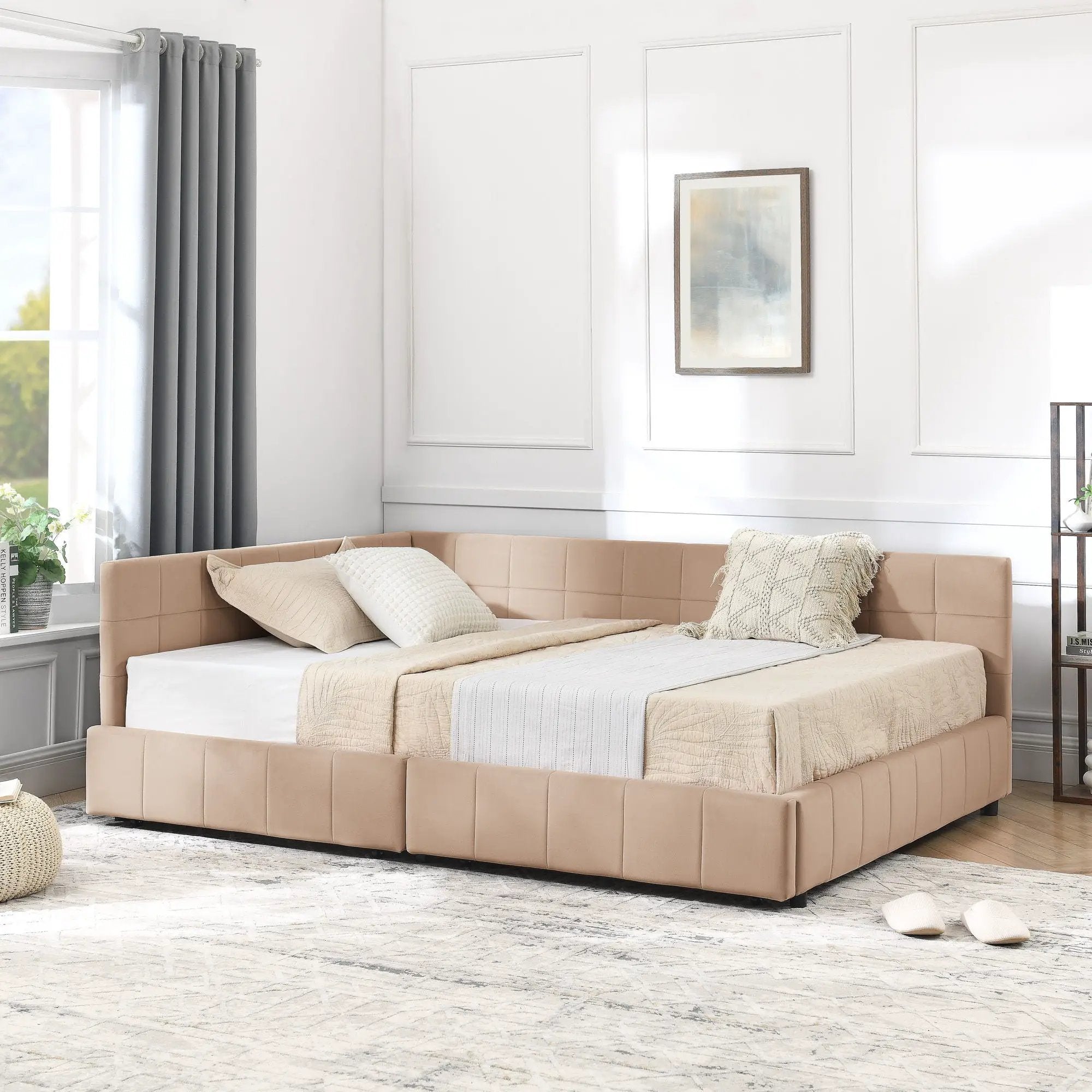 Mid-Century Storage Upholstered Tufted Bed Frame With Backrest And Armrests by Unique Piece Furniture