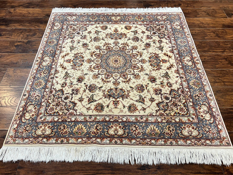 Sino Persian Square Rug 5x5, Very Fine Oriental Carpet, Wool & Silk Highlights, Ivory, Hand Knotted Handmade Vintage Traditional Rug by Jewel Rugs
