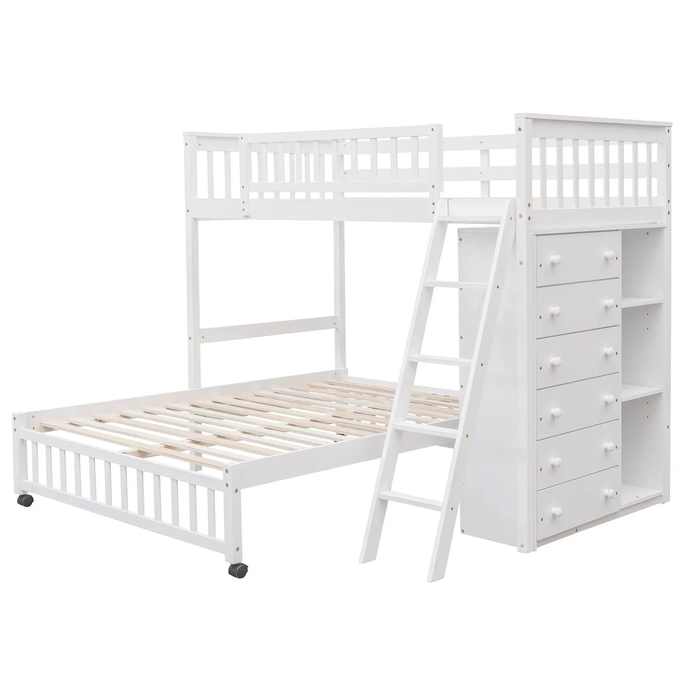 Bunk Bed With 6 Drawers And Flexible Shelves, Bottom Bed With Wheels by HouseOfZazla
