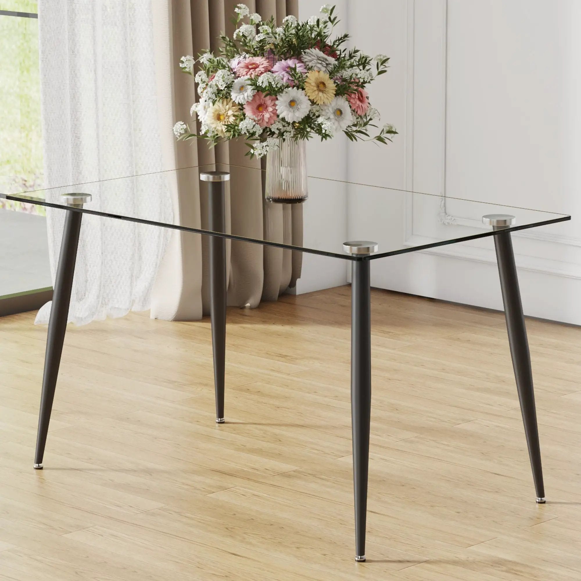 Modern Rectangular Glass Dining Table With Tempered Glass Top And Metal Legs For 4 - 6 People - Black / Transparent by Unique Piece Furniture