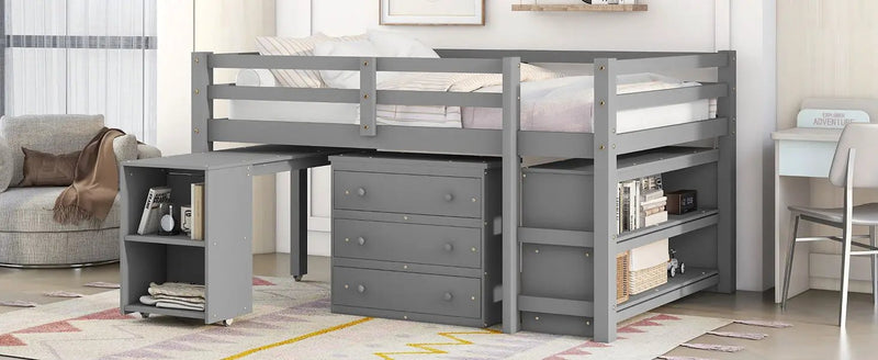 Loft Low Study Bed With Cabinet, Shelves And Rolling Portable Desk, Multiple Functions by HouseOfZazla