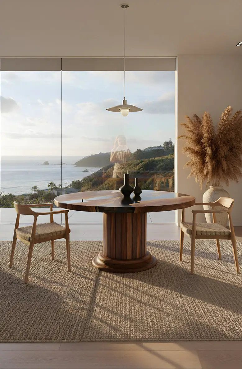 Round Dining Table with Solid Wood Drum Pedestal Base by Gizz