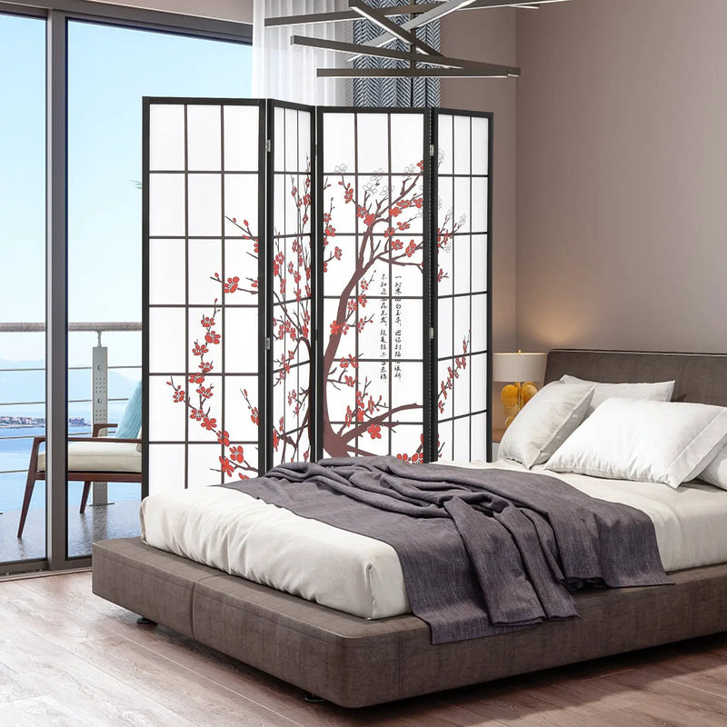 6 Feet Folding Decorative Oriental Privacy Screen with Plum Blossom Design-White by DirectDeals