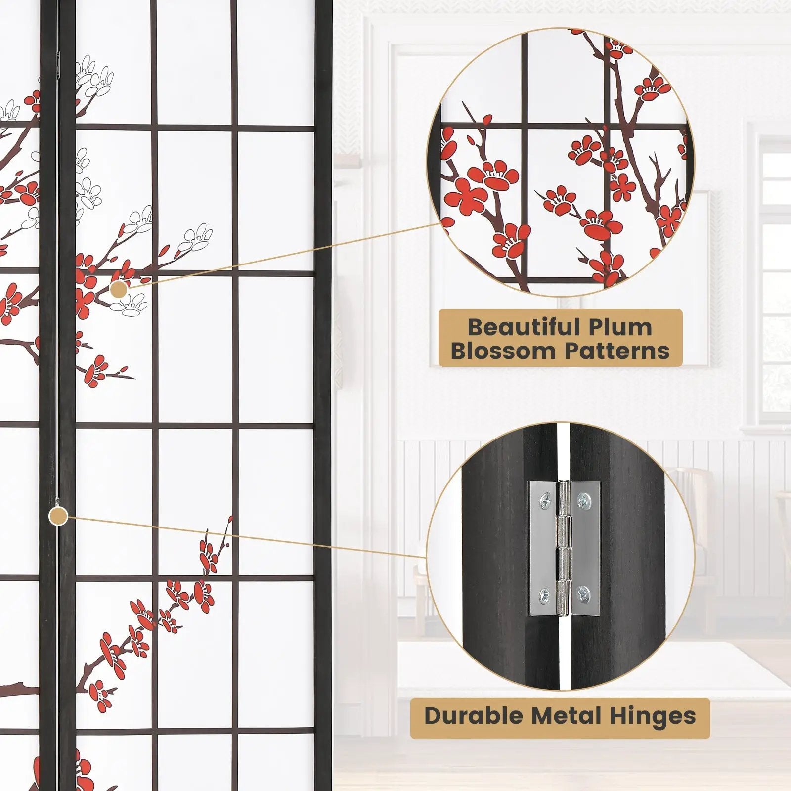 6 Feet Folding Decorative Oriental Privacy Screen with Plum Blossom Design-White by DirectDeals
