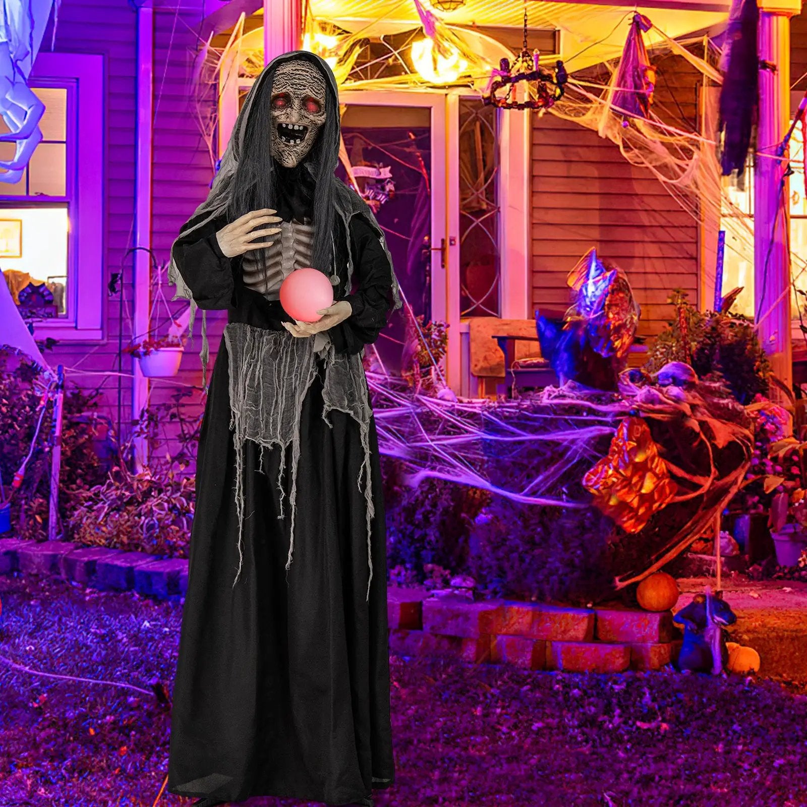 6ft Halloween Animatronics Standing Witch with Light Up Eyes and Magical Ball by DirectDeals