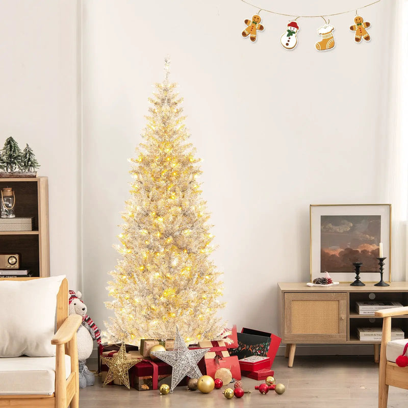 6/7 FT Pre-Lit Artificial Silver Tinsel Xmas Tree with 790 Branch Tips and 300 LED Lights by DirectDeals