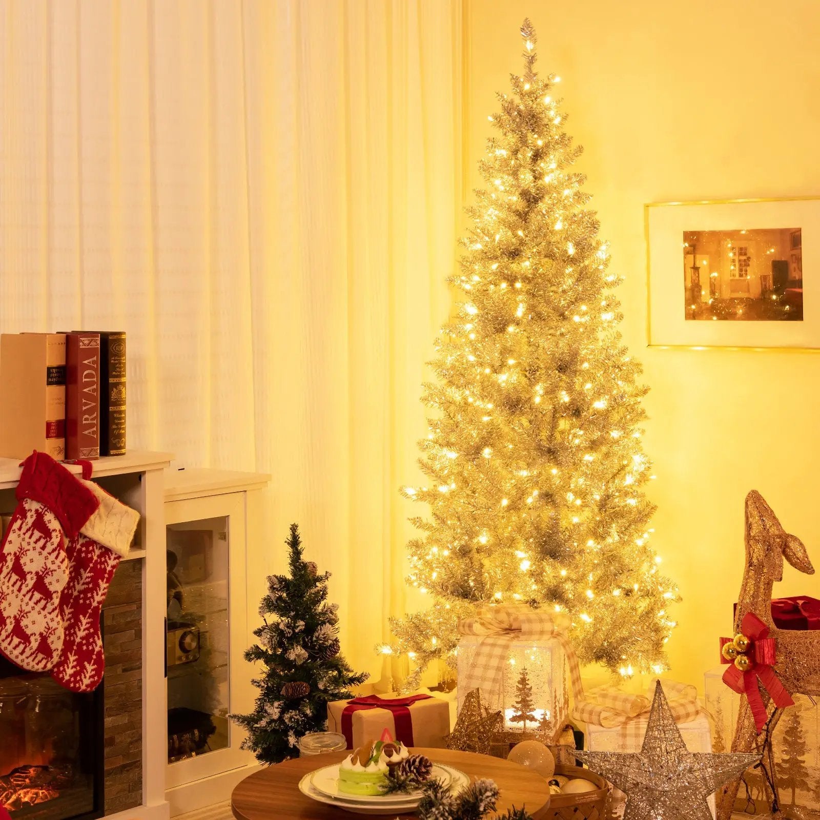 6/7 FT Pre-Lit Artificial Silver Tinsel Xmas Tree with 790 Branch Tips and 300 LED Lights by DirectDeals