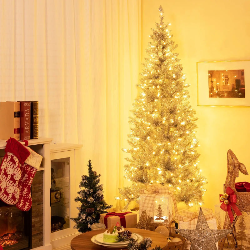 6/7 FT Pre-Lit Artificial Silver Tinsel Xmas Tree with 790 Branch Tips and 300 LED Lights by DirectDeals