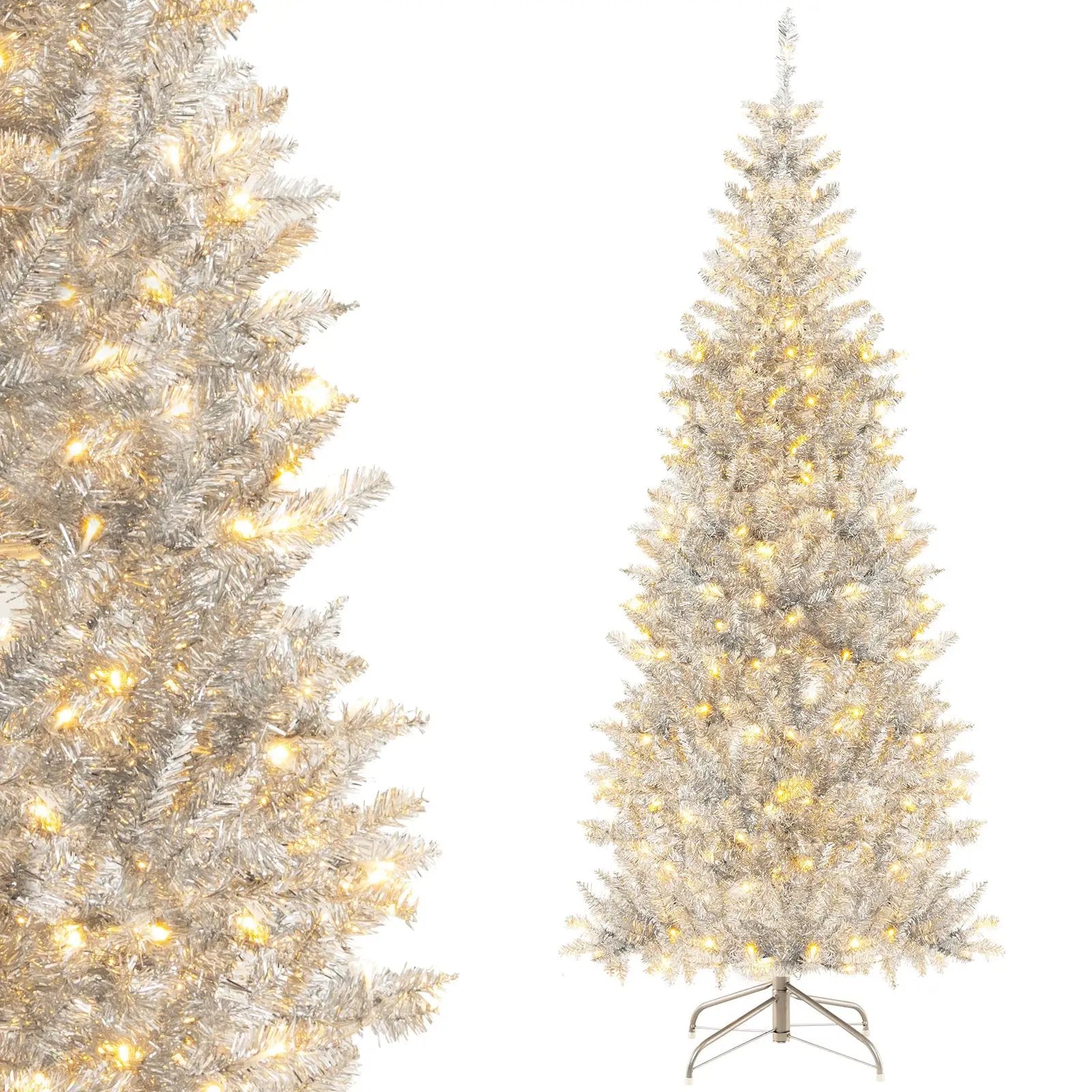 6/7 FT Pre-Lit Artificial Silver Tinsel Xmas Tree with 790 Branch Tips and 300 LED Lights by DirectDeals