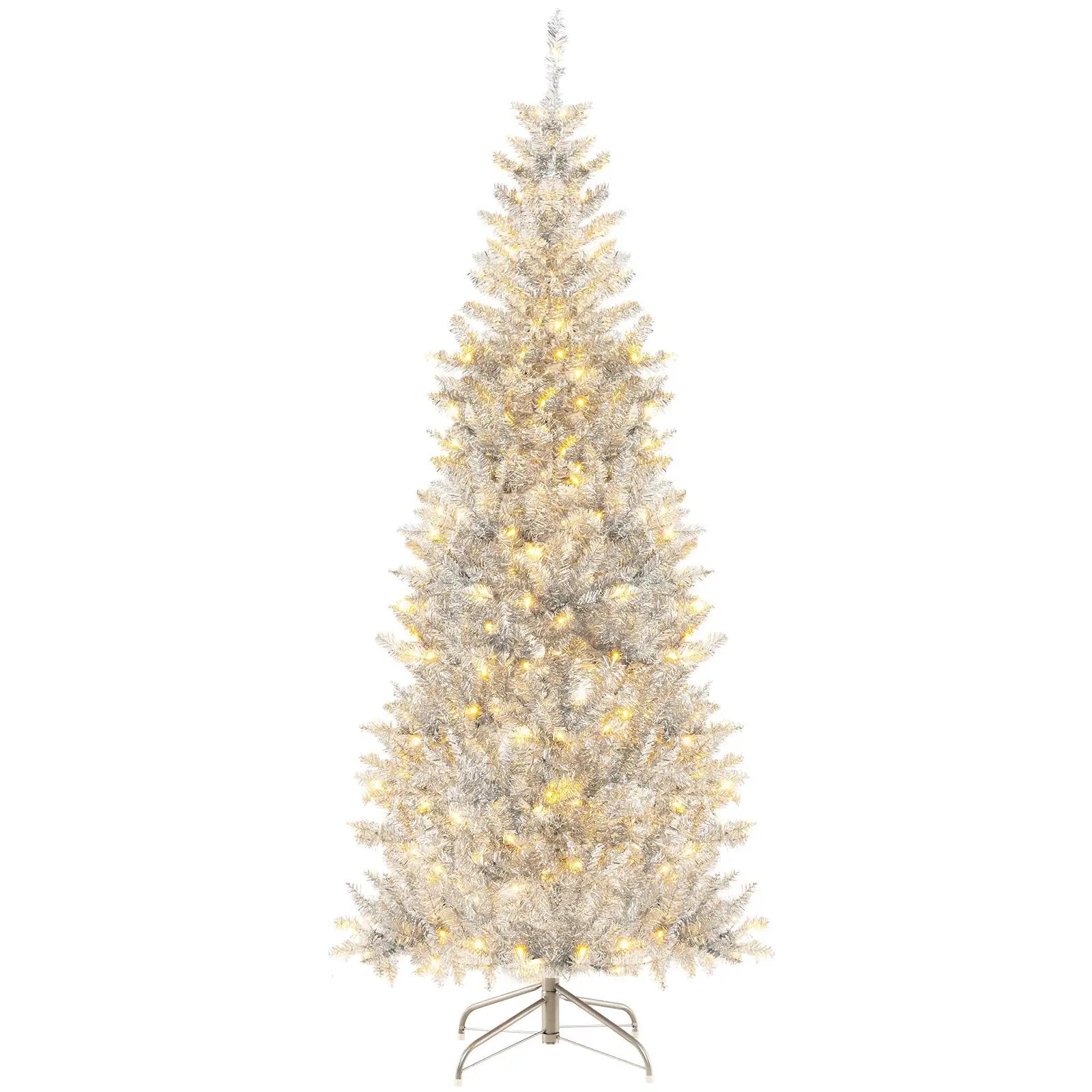 6/7 FT Pre-Lit Artificial Silver Tinsel Xmas Tree with 790 Branch Tips and 300 LED Lights by DirectDeals