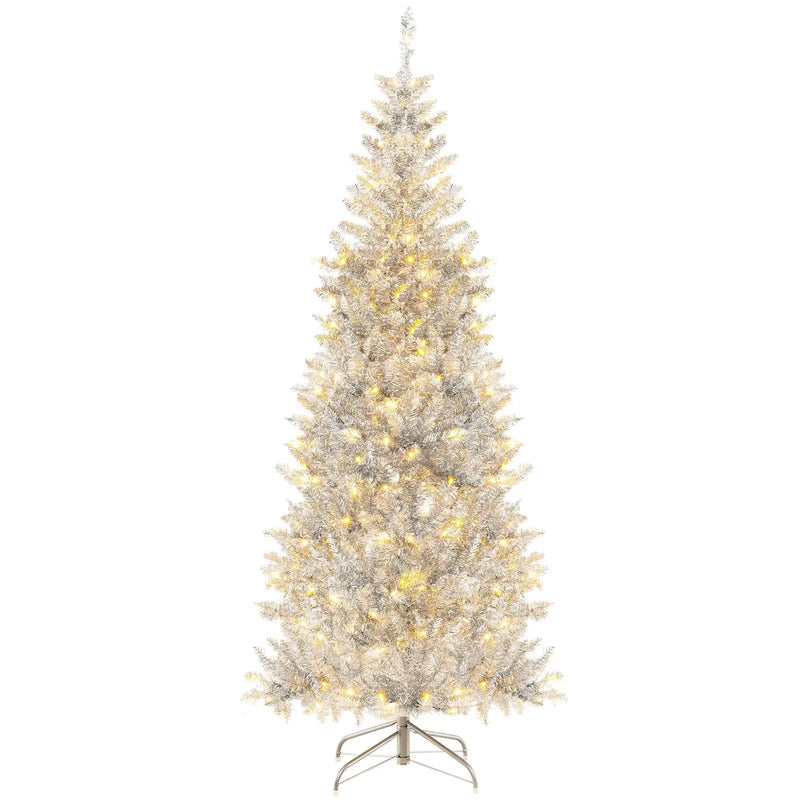 6/7 FT Pre-Lit Artificial Silver Tinsel Xmas Tree with 790 Branch Tips and 300 LED Lights by DirectDeals