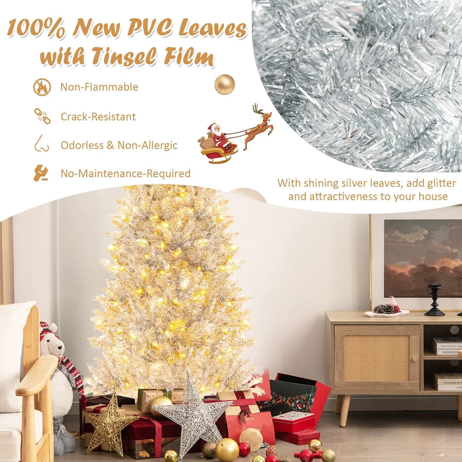 6/7 FT Pre-Lit Artificial Silver Tinsel Xmas Tree with 790 Branch Tips and 300 LED Lights by DirectDeals