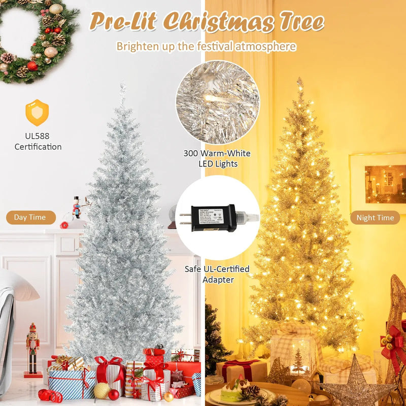 6/7 FT Pre-Lit Artificial Silver Tinsel Xmas Tree with 790 Branch Tips and 300 LED Lights by DirectDeals