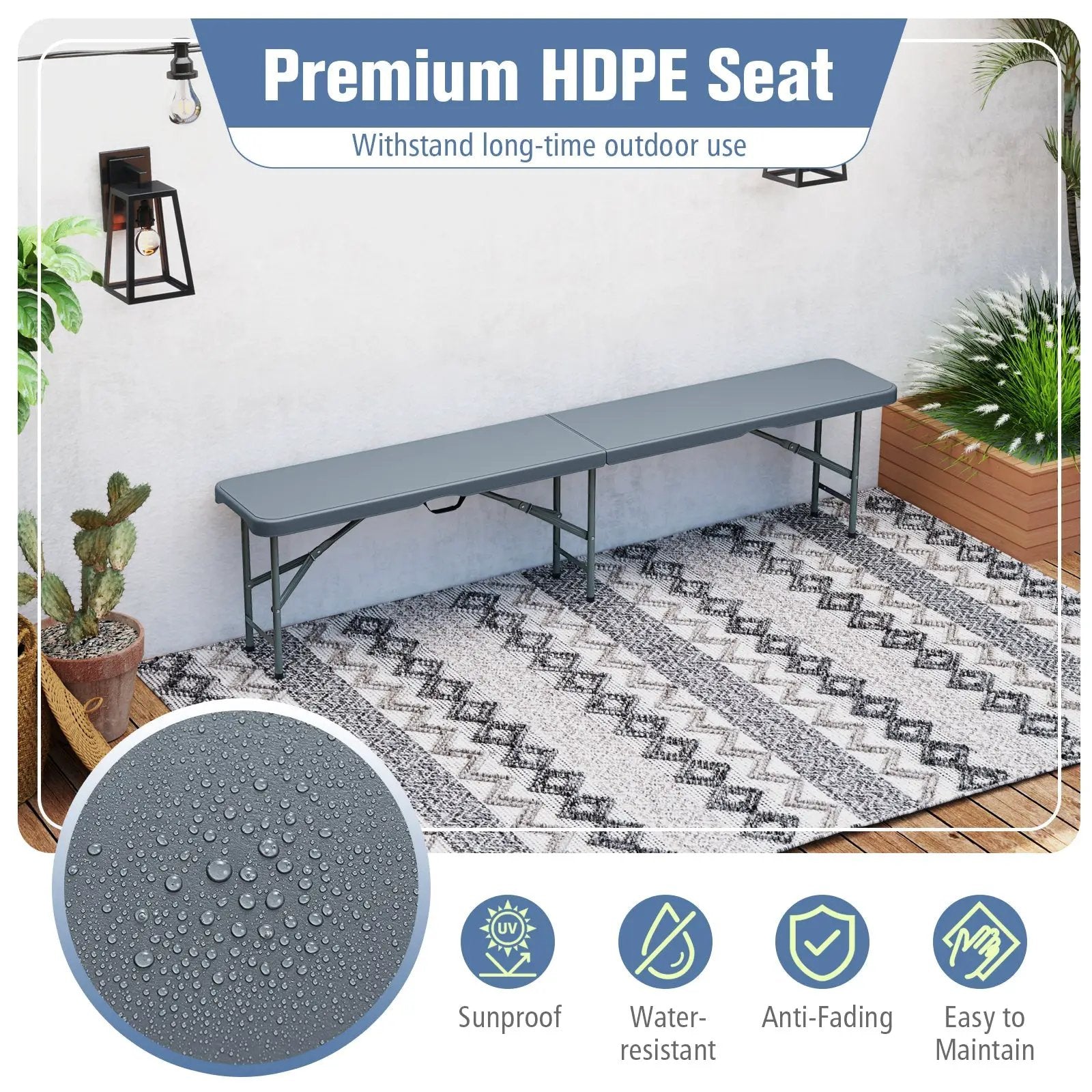 6 Feet Plastic Folding Bench Portable Seat with Handle and Lock by DirectDeals